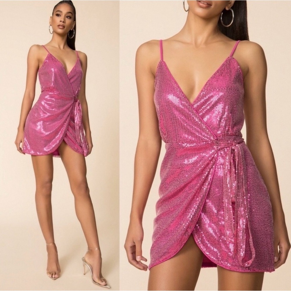 Superdown Expensive Date Pink Sequin Wrap Mini Dr… - image 1